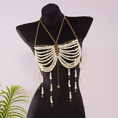Alloy Heart Imitation Pearl Round Beaded Layered Tassel Body Chest Chains WGA0E03-02-1