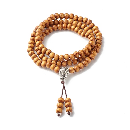 Round Natural Wood Mala Bead Bracelet BJEW-JB06907-1