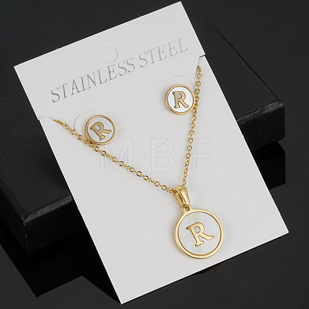 304 Stainless Steel with Natural Shell Pendant Necklaces & Stud Earrings Sets FS-WG5FD70-18-1