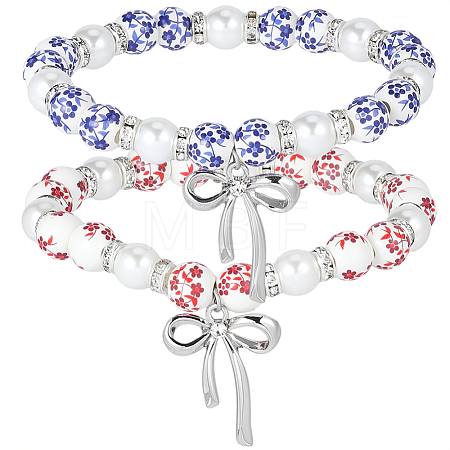 2Pcs 2 Colors Printed Porcelain & Glass Pearl Beaded Stretch Bracelets for Women BJEW-PA0001-11-1