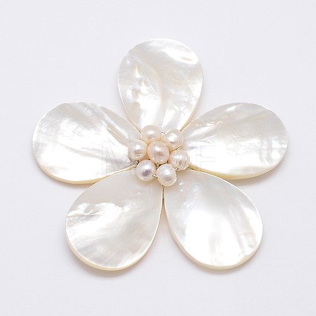Natural White Shell Mother of Pearl Shell Flower Big Pendants SSHEL-J032MS-05-1