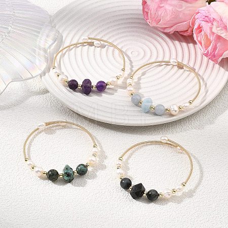 Round & Nuggets Natural & Synthetic Gemstone & Cultured Freshwater Pearl Beaded Bangles BJEW-JB14091-1