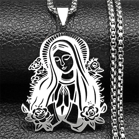 304 Stainless Steel Laser Cut Virgin Mary Pendant Box Chain Necklaces FS-WG69F53-01-1