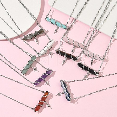 Natural & Synthetic Mixed Stone Faceted Pointed Bullet Wire Wrapped with Star Pendant Brass Cable Chain Necklaces NJEW-P351-01P-1