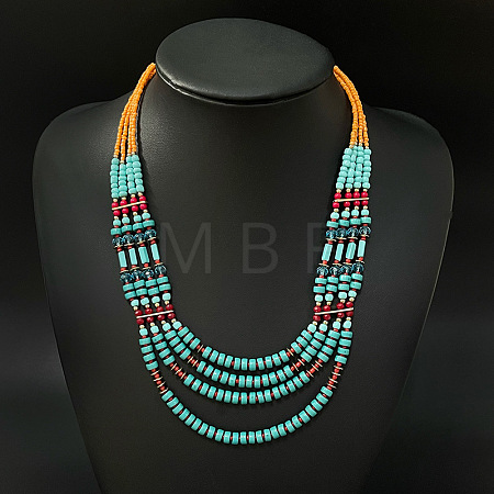 Bohemian Glass & Seed Beads & Synthetic Turquoise Heishi Beaded Multi Layered Necklaces for Women FS-WG1F001-05-1