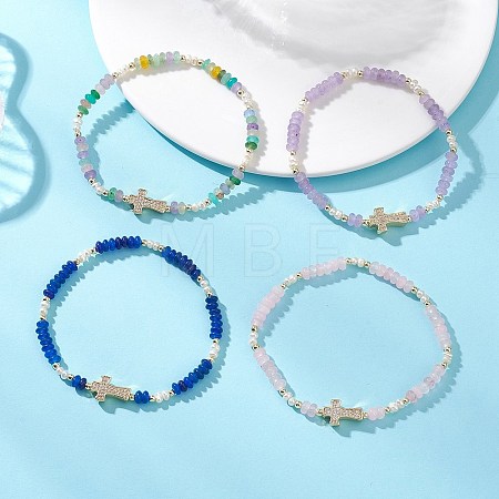 Brass Micro Pave Clear Cubic Zirconia Cross & Natural Pearl & White Jade Rondelle Beads Stretch Bracelets for Women BJEW-JB13114-1