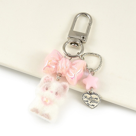 Cat Shape Flocky Opaque Resin & Opaque Acrylic Bowknot & Alloy Heart Charms Pendant Decorations HJEW-YW00343-04-1
