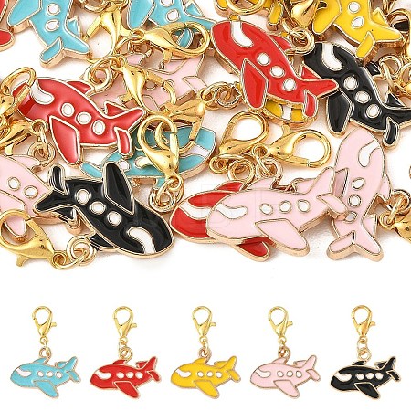 25Pcs 5 Colors Alloy Enamel Airplane Pendant Decorations HJEW-YW00489-1