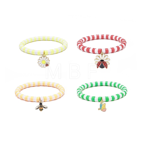 4Pcs 4 Styles Insect Theme Alloy Enamel Stretch Charm Bracelets BJEW-JB08763-1