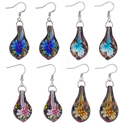 4 Pairs 4 Colors Bling Flower Inner Glass Teardrop Dangle Earrings EJEW-FI0001-06-1