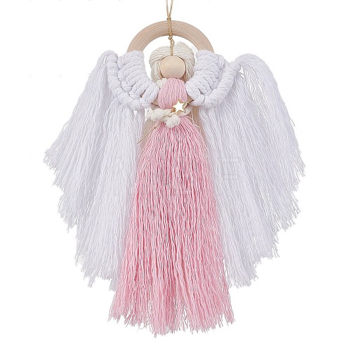 Angel Wood & Cotton Threads Pendant Decoration HJEW-JM02406-02-1