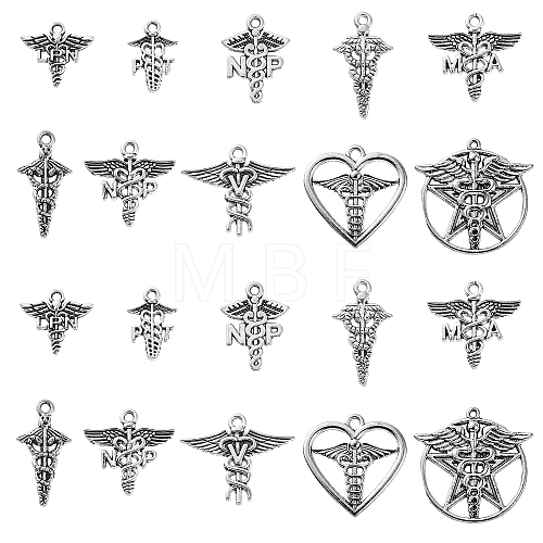 100Pcs 10 Styles Tibetan Style Alloy LPN Caduceus Medical Symbol Charms TIBEP-CJ0002-58-1