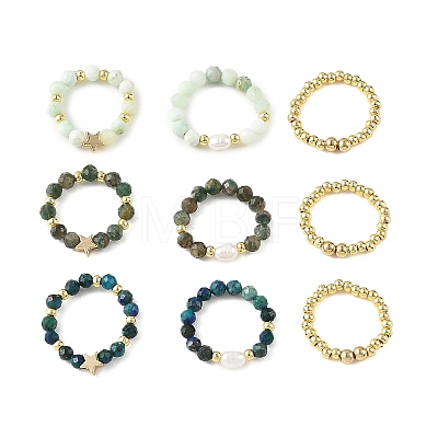 3 Pcs Natural Gemstone & Cultured Freshwater Pearl & Brass Beaded Stretch Ring Set RJEW-JR01084-1