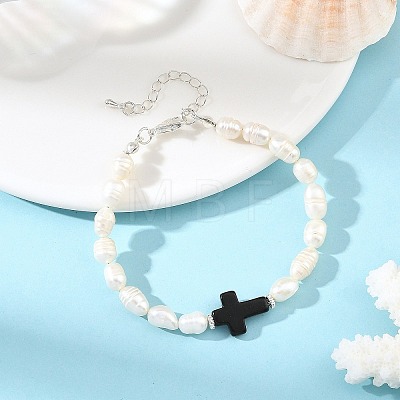 Dyed Synthetic Turquoise Black Religion Cross & Natural Pearl Rice Beaded Bracelets BJEW-JB14403-1