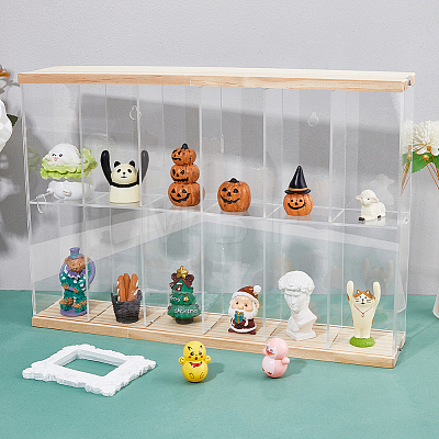 2-Tier 6-Grid Transparent Acrylic Minifigures Organizer Dispaly Case with Wood ODIS-WH0004-03A-1