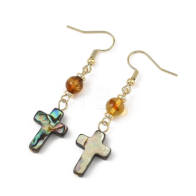 Cross Natural Amber & Abalone Shell/Paua Shell Dangle Earrings EJEW-JE07359-1