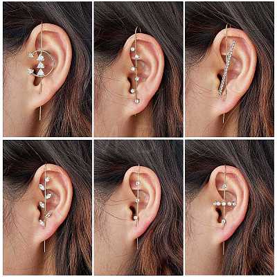 6Pcs 6 Style Cross & Flat Round & Horse Eye & Moon Clear Cubic Zirconia Stud Earrings EJEW-SZ0001-69-1