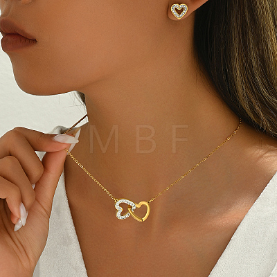 Stainless Steel Rhinestones Heart Necklace and Earrings Set for Women's Daily Wear FX3997-1