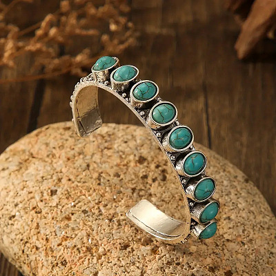 Bohemian Style Oval Alloy Synthetic Turquoise Beads Cuff Bangles for Women WG13159-02-1