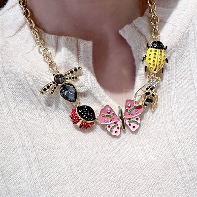 Alloy Enamel Ladybug Butterfly Bee Dragonfly Bib Necklaces with Rhinestone FS-WG59AAD-02-1