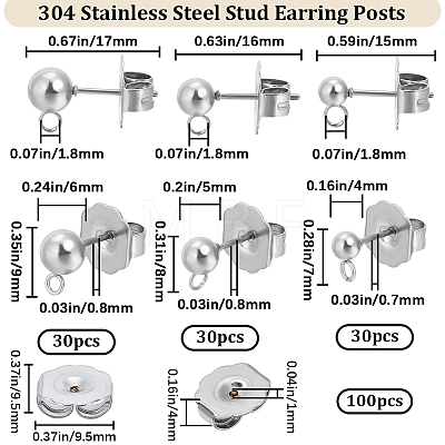 90Pcs 3 Style 304 Stainless Steel Ball Post Stud Earring Findings STAS-BBC0002-75-1