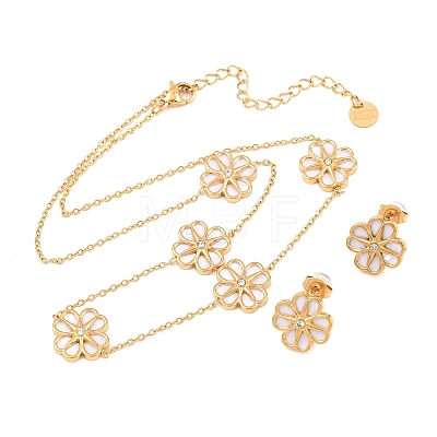 304 Stainless Steel with Resin Flower Link Chain Necklaces & Stud Earrings SJEW-Z005-02G-01-1
