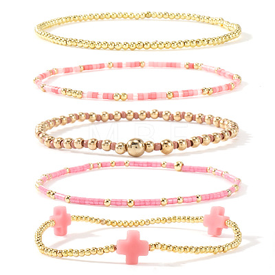 5Pcs 5 Styles Brass & Resin Beads Stretch Bracelets FP8271-5-1