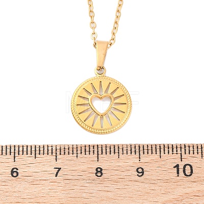 Flat Round with Heart 304 Stainless Steel Pendant Necklaces NJEW-H059-15G-1