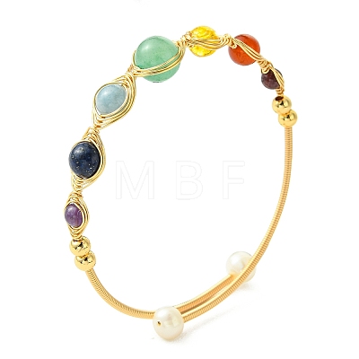 Chakra Herringbone Wire-Wrapped Gemstone Brass Cuff Bangles BJEW-JB14035-1