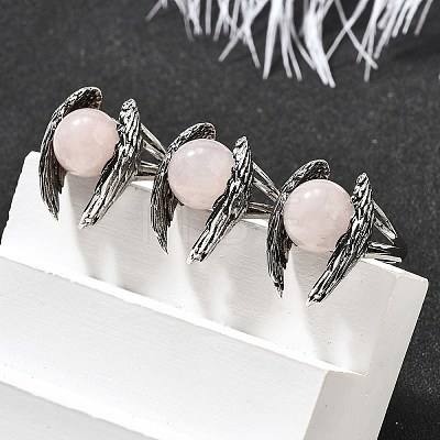 Natural Rose Quartz Wings Adjustable Rings RJEW-K241-04AS-13-1