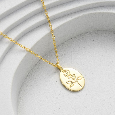 925 Sterling Silver Oval with Engraved Rose Flower Pendant Necklaces for Women NJEW-D316-03G-1