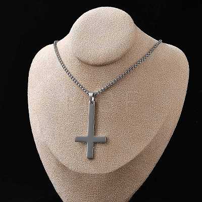 304 Stainless Steel Inverted Cross Pendant Box Chain Necklaces NJEW-NH0001-07P-1