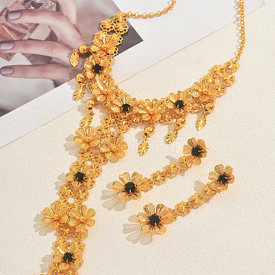 Alloy Cubic Zirconia Flower Long Tassel Necklaces & Earrings Sets for Women YP5175-1