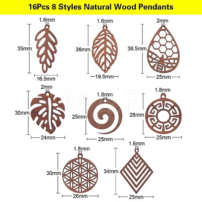 16Pcs 8 Styles Natural Wood Pendants WOOD-CJ0001-71-1