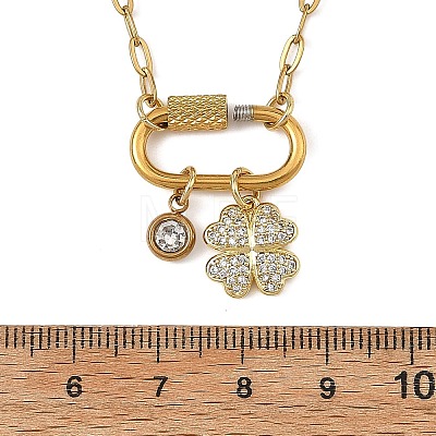 Brass Micro Pave Clear Cubic Zirconia Four Leaf Clover Pendant 304 Stainless Steel Paperclip Chain Necklaces with Screw Clasps NJEW-JN06498-1