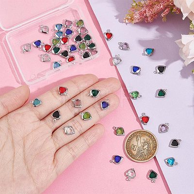 Unicraftale 48Pcs 8 Colors Electroplated Natural Quartz Stainless Steel Faceted Heart Charms STAS-UN0056-89-1