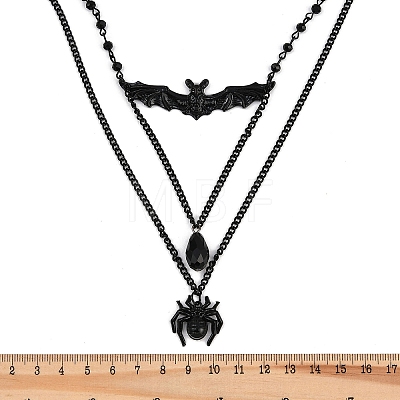 Iron & Teardrop Resin Halloween Bat Spider Pendant Double Layered Necklaces for Women NJEW-A055-01B-EB-1