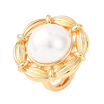 Adjustable Brass with ABS Plastic Pearl Cuff Rings RJEW-G368-07G-1
