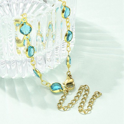 304 Stainless Steel Flat Round Acrylic Rhinestone Cup Chain Anklets for Women AJEW-B031-02G-03-1