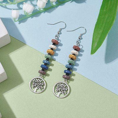 Colorful Natural Dyed Lava Rock Disc Beaded Dangle Earrings EJEW-JE05615-1