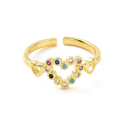Colorful Cubic Zirconia Double Heart Open Cuff Ring RJEW-C061-02G-1