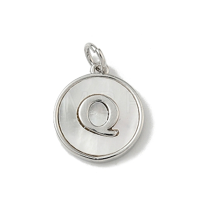 Brass Pave Natural Shell Flat Round with Letter Charms KK-Z115-13P-Q-1