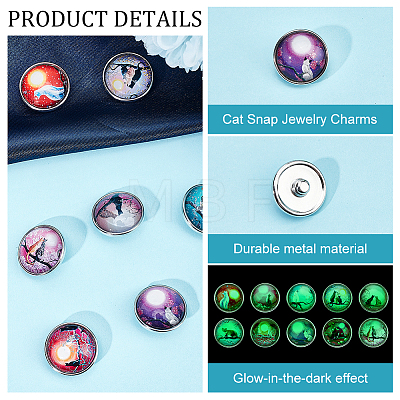  2 Sets Luminous Flat Round with Cat & Tree Brass Jewelry Snap Buttons FIND-NB0003-25-1