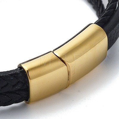 PVD Vacuum Plating Men's Black PU Leather Cord Multi-Strand Bracelets BJEW-K243-41G-1