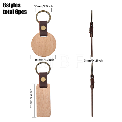 6Pcs 6 Style Wooden Pendant Keychain KEYC-CA0001-52-1