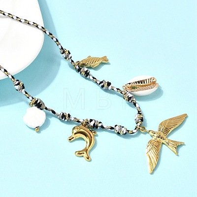 Summer Beach 304 Stainless Steel & Electroplated Natural Shell Pendant Adjustable Polyester Cord Necklaces for Women NJEW-F348-01A-G-1