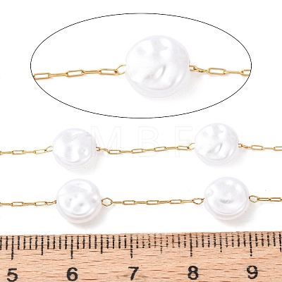 304 Stainless Steel & ABS Plastic Pearl Flat Round Bead Cable Chains CHS-G048-03G-1