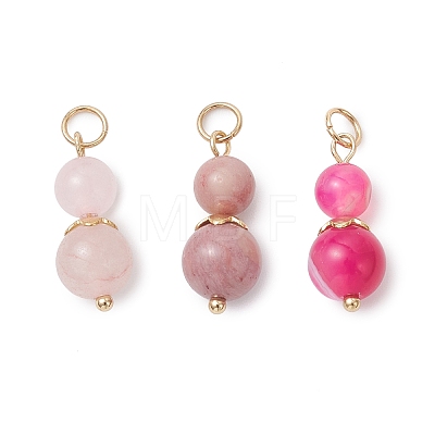 3Pcs 3 Styles Natural Rose Quartz & Dyed Striped Agate/Banded Agate Round Beaded Pendants PALLOY-JF04701-05-1
