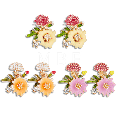 3 Pairs 3 Colors Enamel Flower with Mushroom Stud Earrings with Crystal Rhinestone EJEW-AN0003-07-1