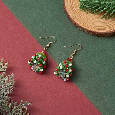 Christmas Theme Glass Beads Braided Tree Dangle Earrings EJEW-TA00212-1